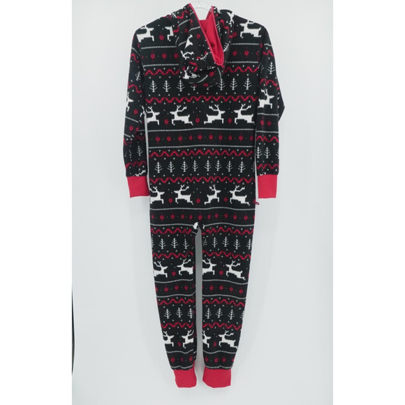 Tipsy Elves Pajamas Adult Small Black Red Deer Jumpsuit One Piece Zip Hooded - Picture 2 of 7